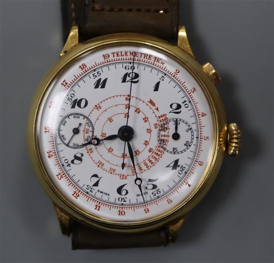 A gentlemans mid 20th century Swiss gold plated manual wind chronograph wrist watch, on associated leather strap.